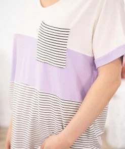 7th Ray SHORT SLEEVES Lavender Stripe Colorblock Top With Pocket