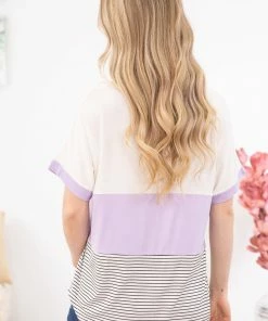 7th Ray SHORT SLEEVES Lavender Stripe Colorblock Top With Pocket