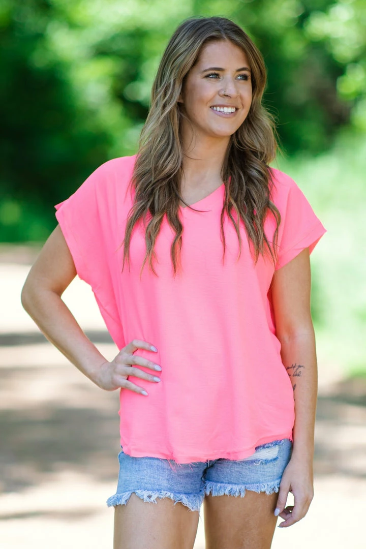 Jodifl Neon Pink Cuff Sleeve V-Neck Top Tops 3 Jodifl Neon Pink Cuff Sleeve V-Neck Top Tops