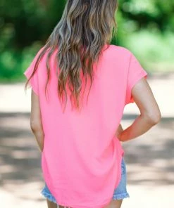 Jodifl Neon Pink Cuff Sleeve V-Neck Top Tops 7 Jodifl Neon Pink Cuff Sleeve V-Neck Top Tops