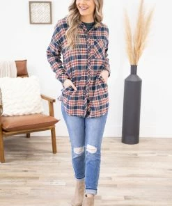 Heyson Navy Plaid Button Up Top With Knit Hood