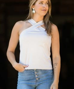 Shewin Tops Beige Criss-Cross Halter Neck Fitted Tank