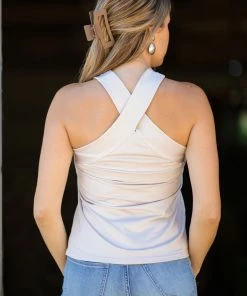 Shewin Tops Beige Criss-Cross Halter Neck Fitted Tank