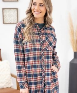 Heyson Navy Plaid Button Up Top With Knit Hood
