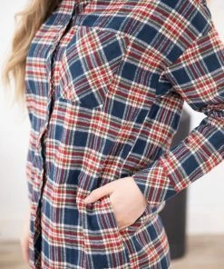 Heyson Navy Plaid Button Up Top With Knit Hood