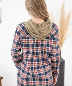Heyson Navy Plaid Button Up Top With Knit Hood