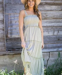 Staccato Dresses Light Olive And White Stripe Maxi Dress