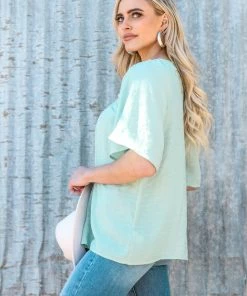 Staccato Mint Crochet Trim Textured Top