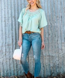Staccato Mint Crochet Trim Textured Top