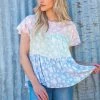 Lovely Melody SHORT SLEEVES Baby Pink And Sage Floral Print Colorblock Top