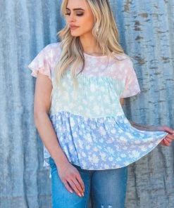 Lovely Melody SHORT SLEEVES Baby Pink And Sage Floral Print Colorblock Top