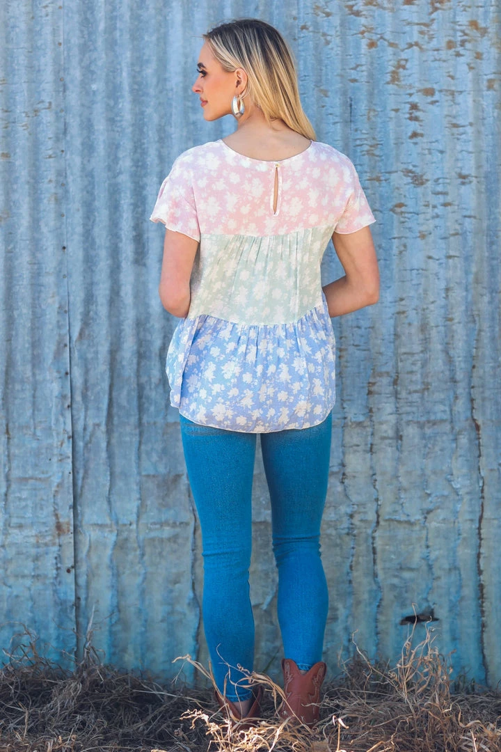 Lovely Melody SHORT SLEEVES Baby Pink And Sage Floral Print Colorblock Top 6 Lovely Melody SHORT SLEEVES Baby Pink And Sage Floral Print Colorblock Top