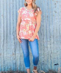 Haptics SHORT SLEEVES Coral Multicolor Floral Flutter Sleeve Top