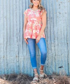 Haptics SHORT SLEEVES Coral Multicolor Floral Flutter Sleeve Top