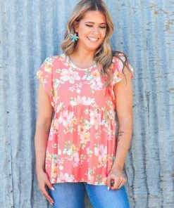 Haptics SHORT SLEEVES Coral Multicolor Floral Flutter Sleeve Top