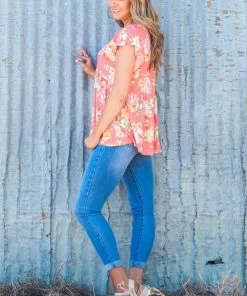 Haptics SHORT SLEEVES Coral Multicolor Floral Flutter Sleeve Top