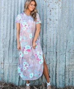 SOL RHR Taupe Multicolor Floral Print Knit Maxi Dress Dresses