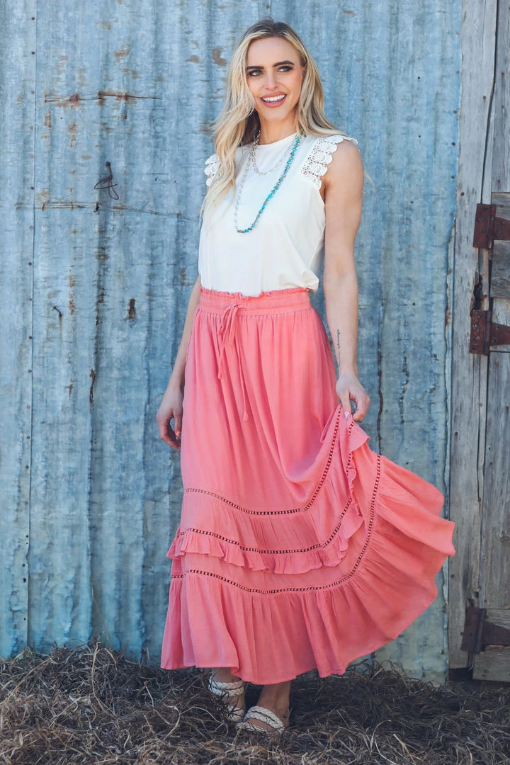 Doe & Rae Bottoms Coral Lace Inset Maxi Skirt 3 Doe & Rae Bottoms Coral Lace Inset Maxi Skirt