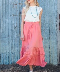 Doe & Rae Bottoms Coral Lace Inset Maxi Skirt