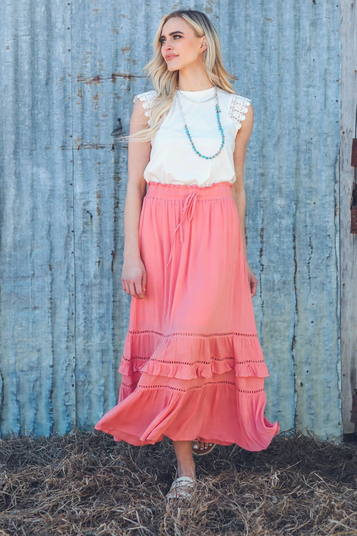 Doe & Rae Bottoms Coral Lace Inset Maxi Skirt 4 Doe & Rae Bottoms Coral Lace Inset Maxi Skirt