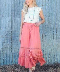 Doe & Rae Bottoms Coral Lace Inset Maxi Skirt 9 Doe & Rae Bottoms Coral Lace Inset Maxi Skirt