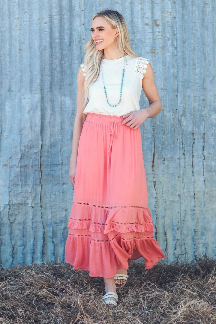 Doe & Rae Bottoms Coral Lace Inset Maxi Skirt 5 Doe & Rae Bottoms Coral Lace Inset Maxi Skirt