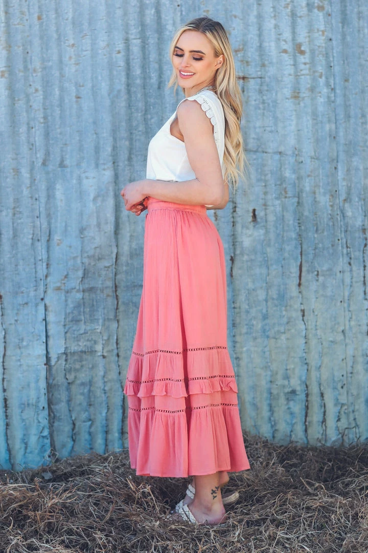 Doe & Rae Bottoms Coral Lace Inset Maxi Skirt 6 Doe & Rae Bottoms Coral Lace Inset Maxi Skirt