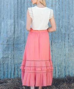 Doe & Rae Bottoms Coral Lace Inset Maxi Skirt 11 Doe & Rae Bottoms Coral Lace Inset Maxi Skirt