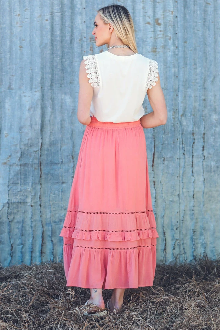 Doe & Rae Bottoms Coral Lace Inset Maxi Skirt 7 Doe & Rae Bottoms Coral Lace Inset Maxi Skirt