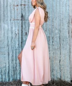 Shewin Dresses Peach And White Lace Trim Maxi Dress
