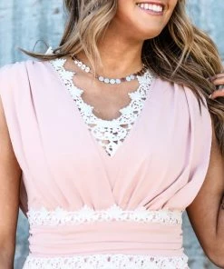 Shewin Dresses Peach And White Lace Trim Maxi Dress
