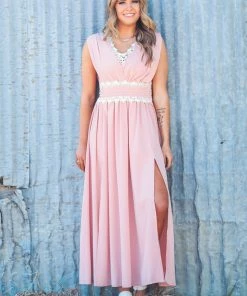 Shewin Dresses Peach And White Lace Trim Maxi Dress