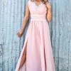 Shewin Dresses Peach And White Lace Trim Maxi Dress