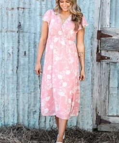Lovely Melody Dresses Coral Floral Print Surplice Top Midi Dress