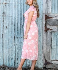 Lovely Melody Dresses Coral Floral Print Surplice Top Midi Dress