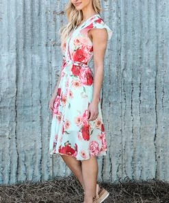 DRESS CODE Dresses Mint And Pink Floral Print Tie Waist Dress