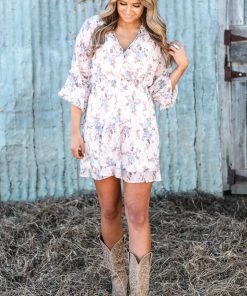 Peach Love Dresses Cream And Periwinkle Floral Print Dress