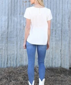 Staccato Off White Scallop Trim V-Neck Top SHORT SLEEVES