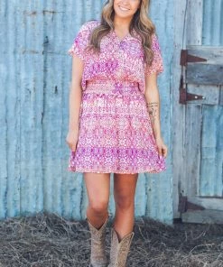 White Birch Fuchsia Smocked Waist Geometric Floral Dress Dresses