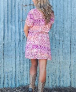 White Birch Fuchsia Smocked Waist Geometric Floral Dress Dresses