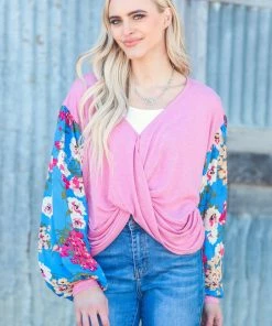 Umgee Pink Surplice Front Tulip Hem Top LONG SLEEVES