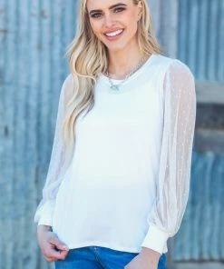 Les Amis White Top With Sheer Lace Balloon Sleeves LONG SLEEVES