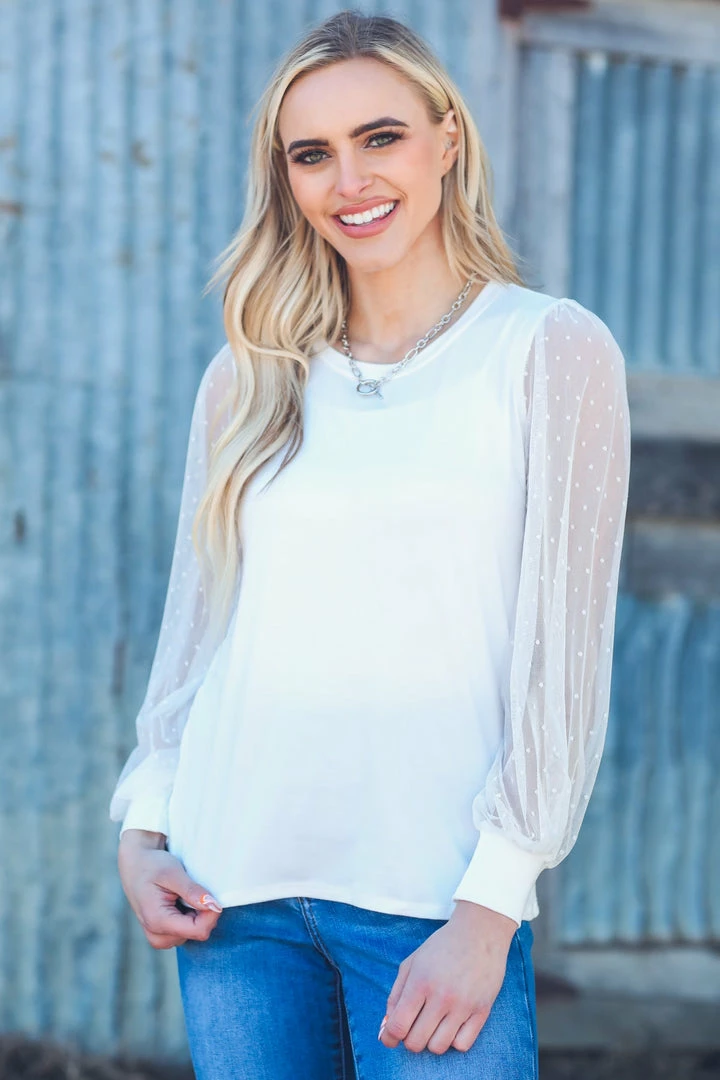 Les Amis White Top With Sheer Lace Balloon Sleeves LONG SLEEVES 4 Les Amis White Top With Sheer Lace Balloon Sleeves LONG SLEEVES