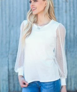 Les Amis White Top With Sheer Lace Balloon Sleeves LONG SLEEVES