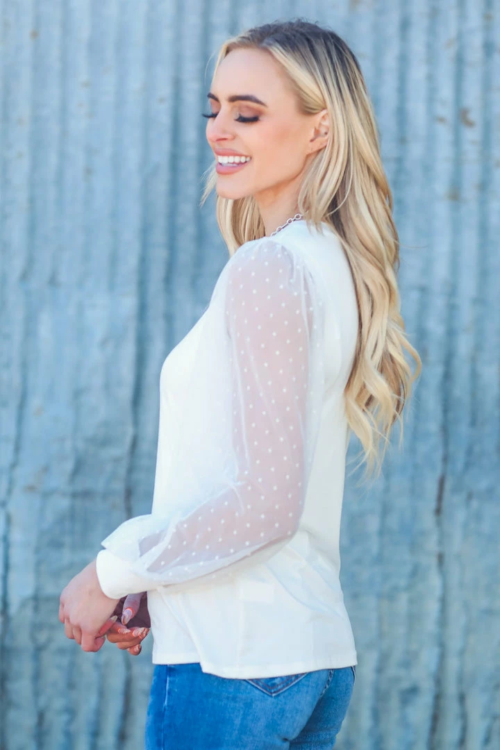 Les Amis White Top With Sheer Lace Balloon Sleeves LONG SLEEVES 5 Les Amis White Top With Sheer Lace Balloon Sleeves LONG SLEEVES