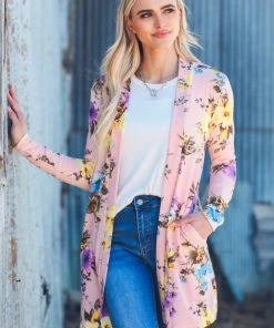 New Moa Collection Blush And Yellow Floral Print Cardigan