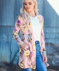New Moa Collection Blush And Yellow Floral Print Cardigan