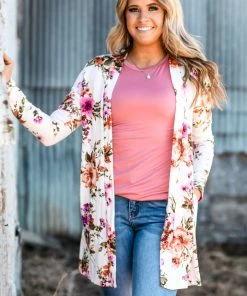 New Moa Collection Tops Ivory And Pink Floral Print Cardigan