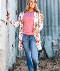 New Moa Collection Tops Ivory And Pink Floral Print Cardigan