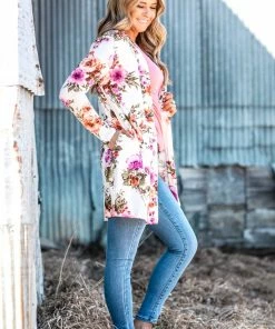 New Moa Collection Tops Ivory And Pink Floral Print Cardigan